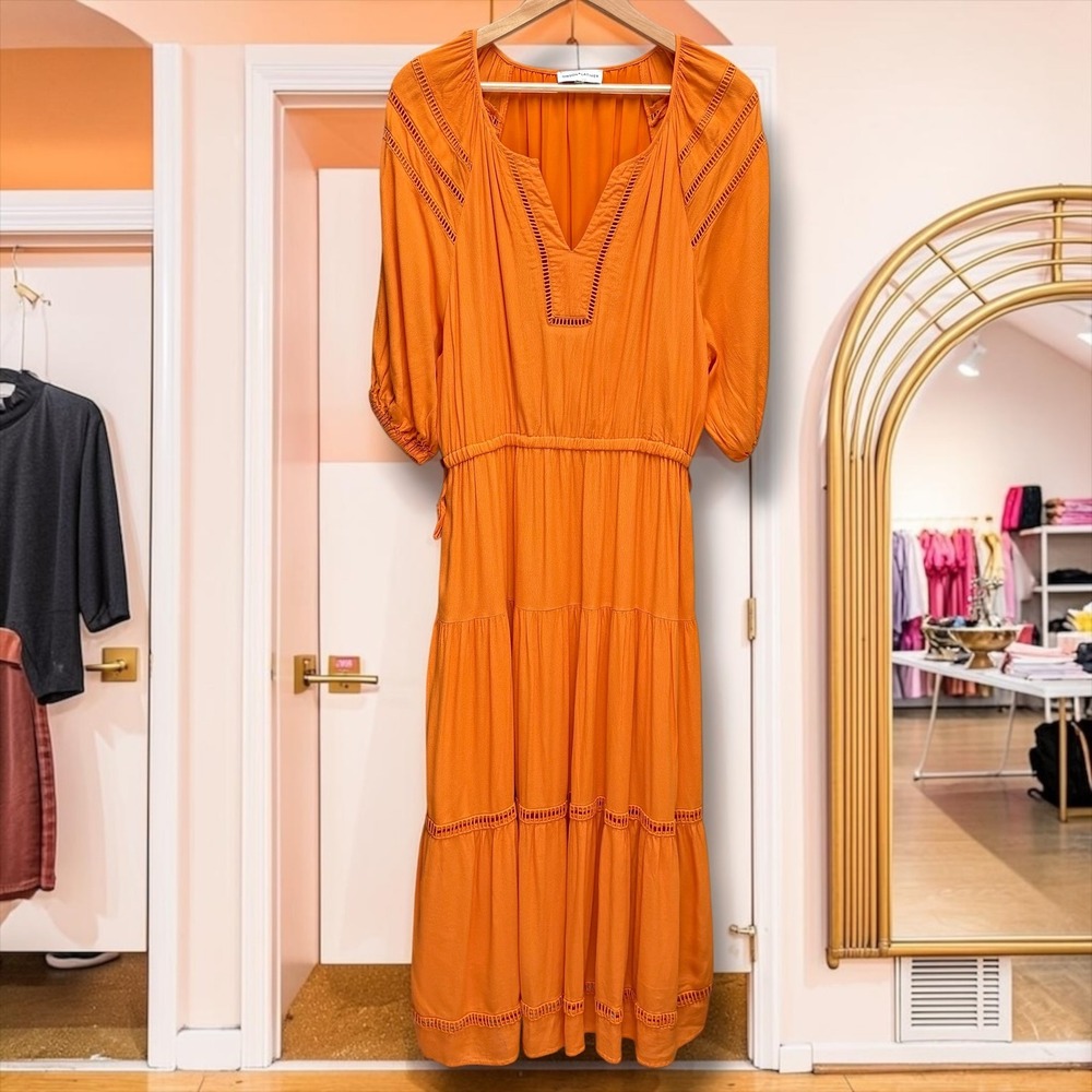 Gibson Latimer Orange Tiered Maxi Dress Boho Crochet‎ Trim V-Neck L/XL